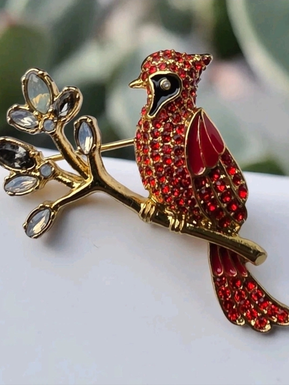 Talbots Cardinal Bird Brooch Red Rhinestone Gold Tone Branch